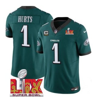 Men's Philadelphia Eagles #1 Jalen Hurts Green 2025 Super Bowl LIX Patch With 3-Star C Patch New F.U.S.E. Vapor Untouchable Limited Stitched Football Jersey