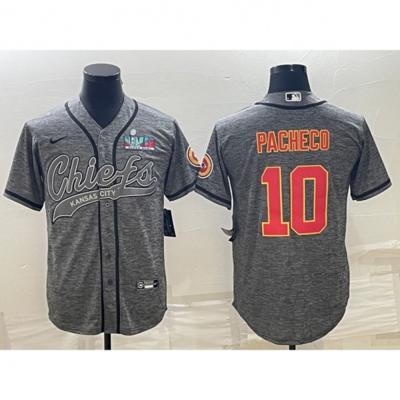 Men's Kansas City Chiefs #10 Isiah Pacheco Grey With Super Bowl LVII Patch Cool Base Stitched Baseball Jersey