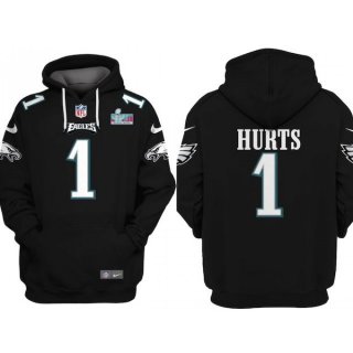 Men's Philadelphia Eagles #1 Jalen Hurts Black Super Bowl LVII Patch Pullover Hoodie